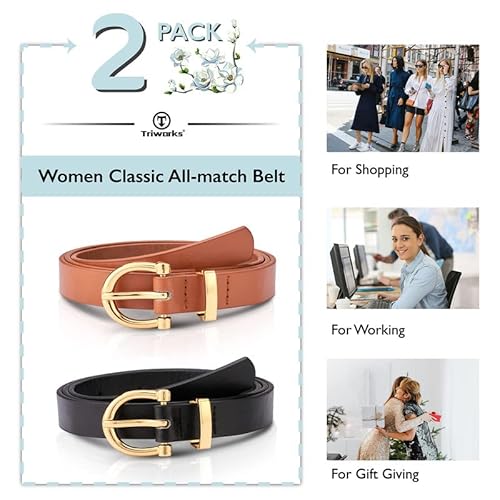 Triworks 2 Pack Women Skinny Leather Belts Fashion Gold Buckle Thin Waist Belt For Pants Jeans Dresses Black/Brown #TOP7