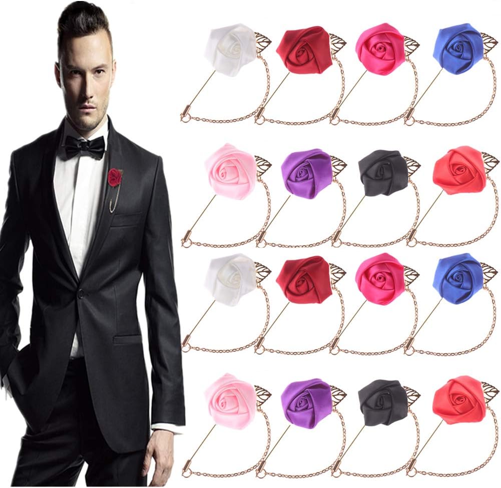 Poluka 16Pcs Handmade Satin Flower Corsage Brooch Pins with Metal Chain for Men's Suits Satin Lapel Pins Chain Brooch Women's Sweater Clips Badges Wedding Boutonniere Flower Pins Supplies