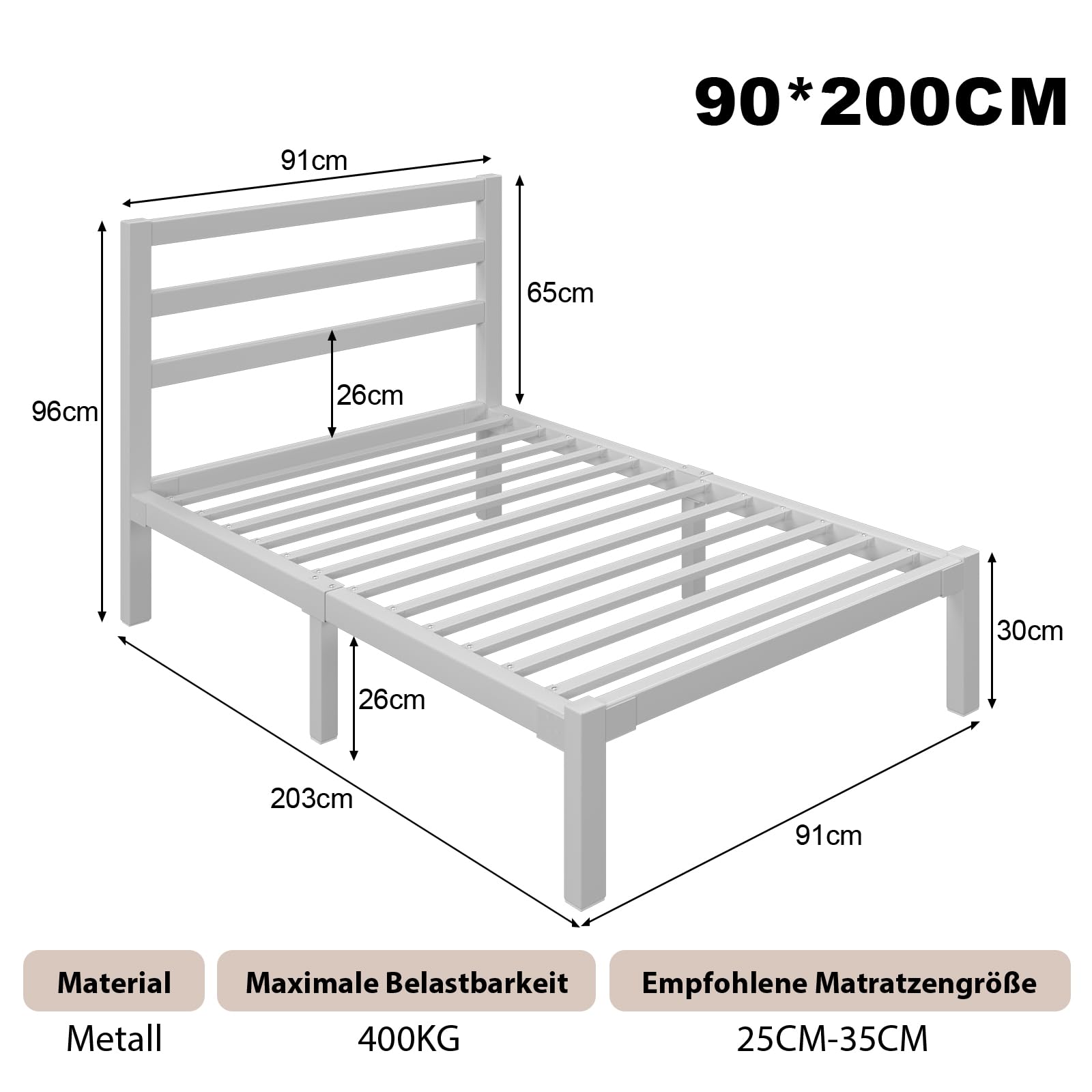 E-Motie Bett 90×200, Metallbettgestell 90 × 200 cm mit Kopfteil, Stauraum unter dem Bett, Modernes Jugendbett mit Lattenrost, Einfache Montage, Weiß