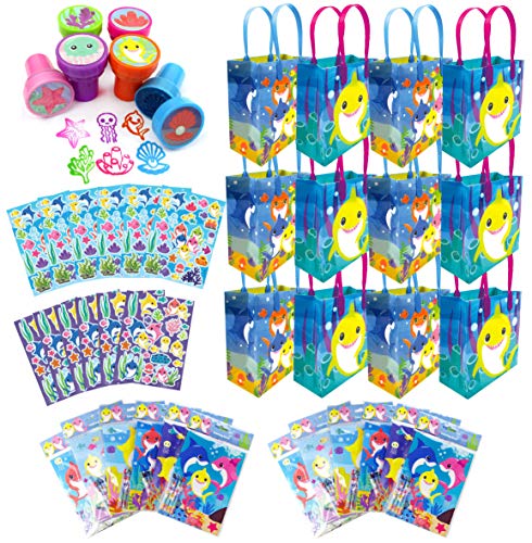TINYMILLS Shark Birthday Party Favors Set for Kids 108 Piece Shark Party Supplies with 12 Goodie Bags 24 Stampers 12 Sticker Sheets 12 Coloring Books and 48 Crayons Shark Party Favor Pack