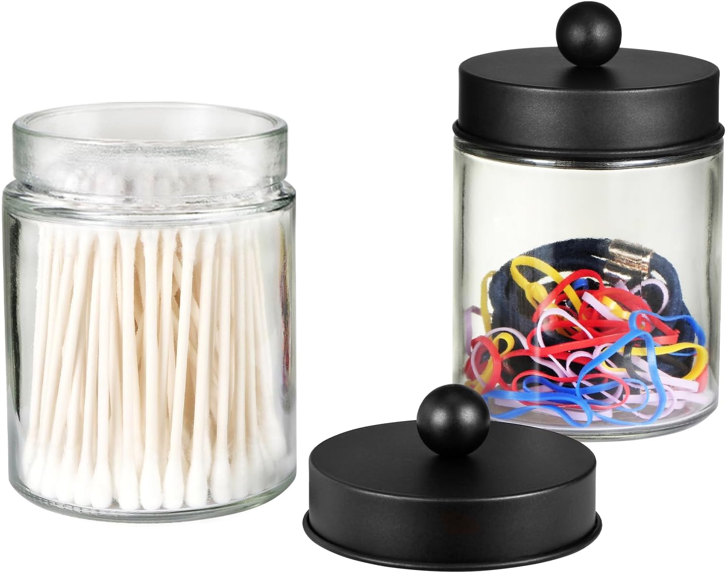 SheeChung Qtip Dispenser Holder 4pcs, Glass Apothecary Jars with Stainless Steel Lids &Stickers, Countertop Canister Guest Bathroom Storage Organizer Set for Cotton Swabs/Balls, Floss Picks(Black)
