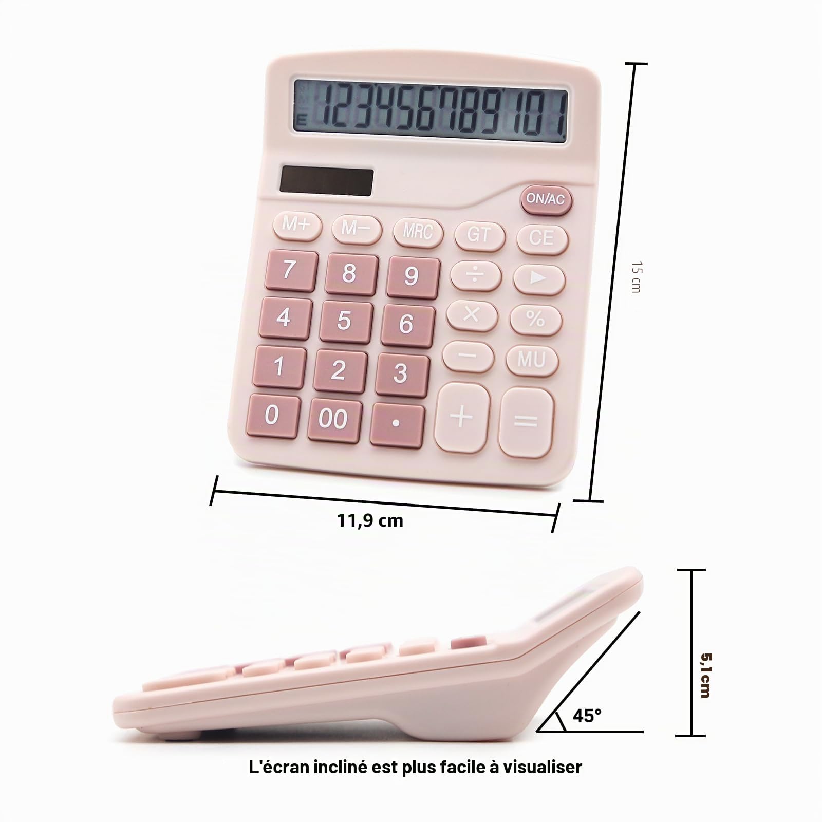 OFFIDIX Calculatrice de bureau à fonction standard double puissance calculatrice électronique 12 chiffres grand écran LCD (rose)
