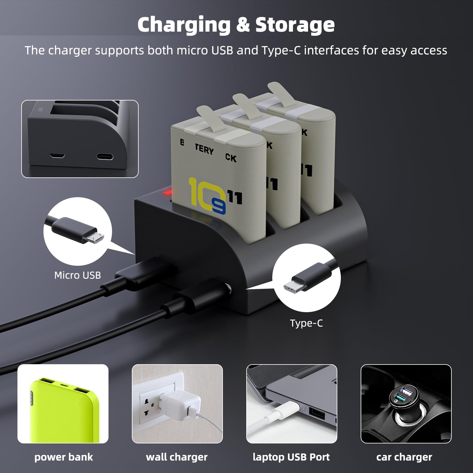 K&F Concept Hero 12 Battery 3-Pack 1730mAh Enduro Batteries With 3-Slot Charger Compatible With GoPro Hero 12, GoPro Hero 11, GoPro Hero 10, GoPro