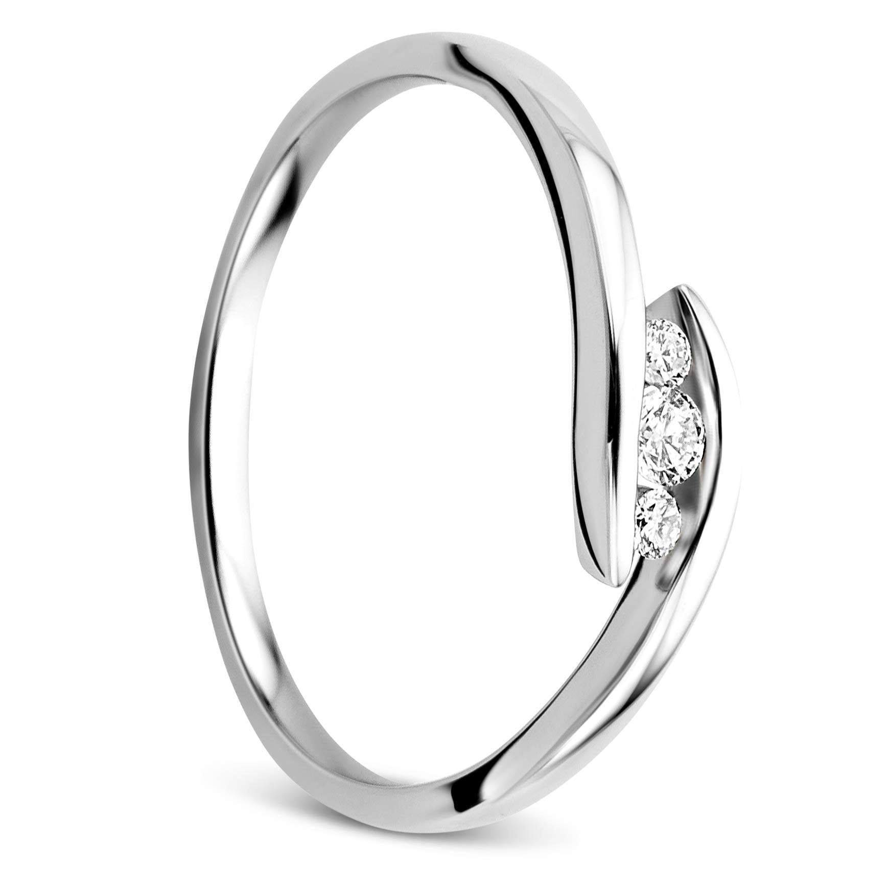 OROVI Anillo de mujer de oro blanco de 0,10 quilates con diamante Trilogy, anillo de compromiso de oro de 9 quilates (375) y diamantes brillantes, Oro, Diamante