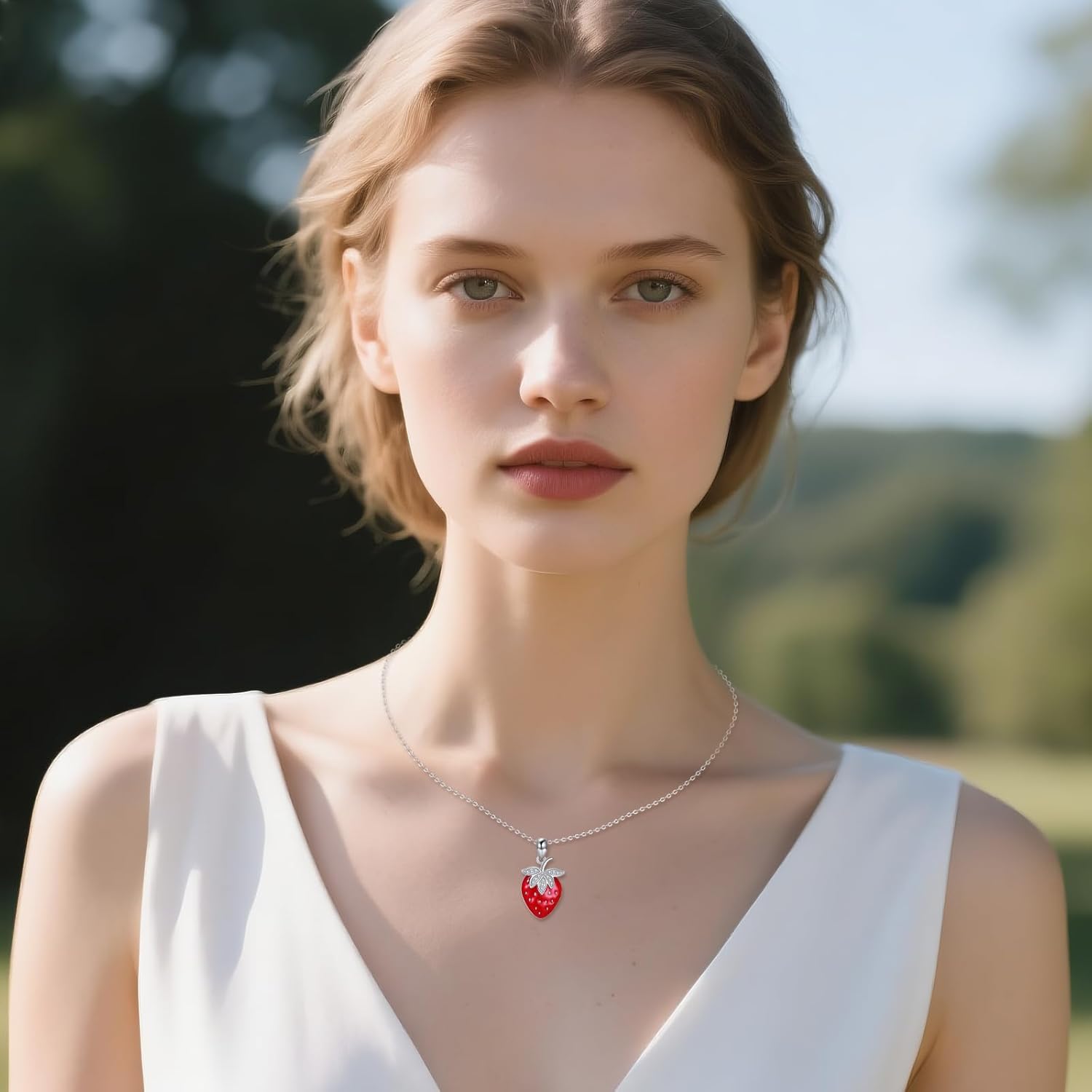 URONE Strawberry/Apple Necklace 925 Sterling Silver Strawberry/Apple Pendant Necklace Fruit Jewelry Gifts for Women - Image 2