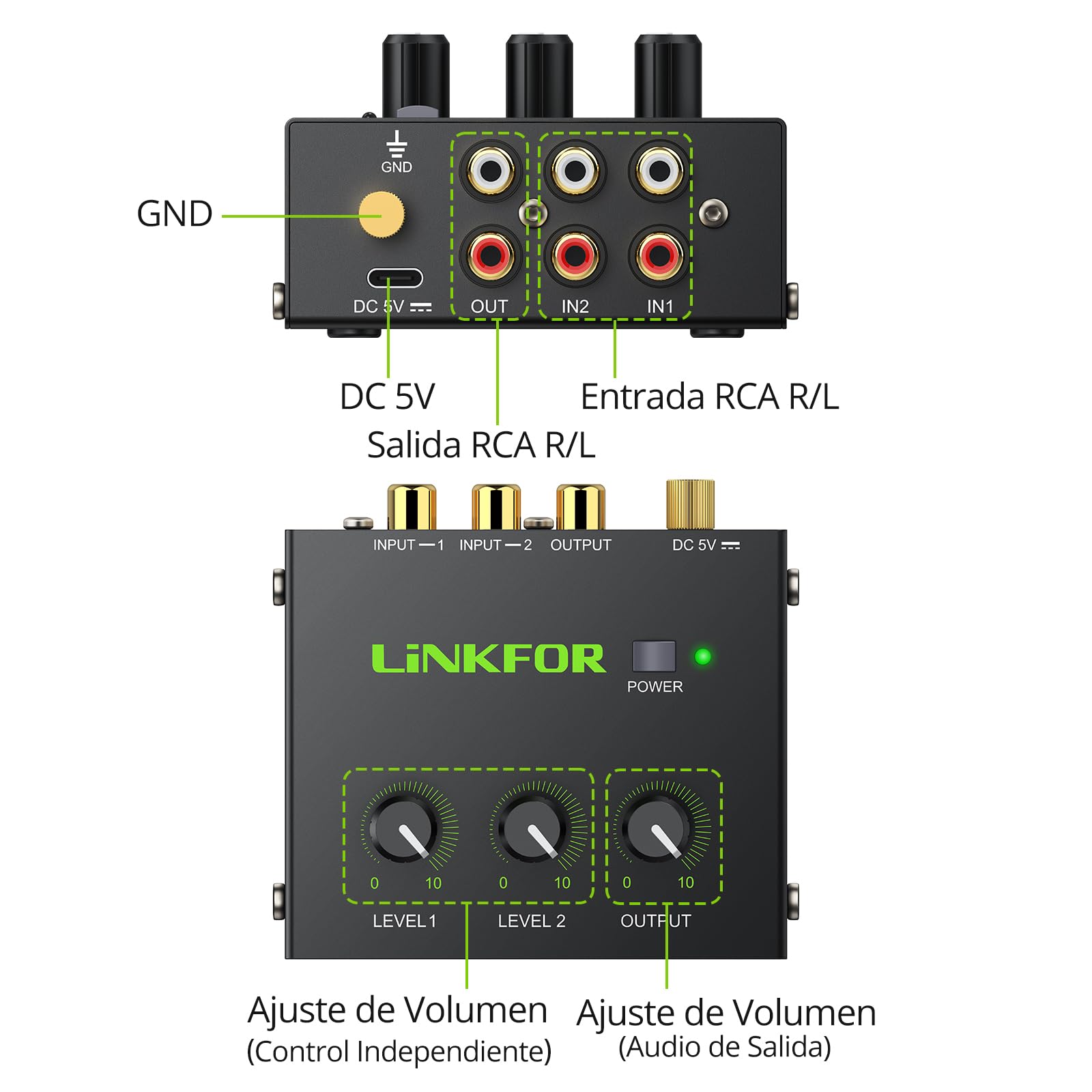 LiNKFOR Mini Mezclador de Audio RCA de 2 Canales,Mezcla de Sonido con Adaptador de Corriente Soporta Control de Volumen para PC/Altavoz/Amplificador