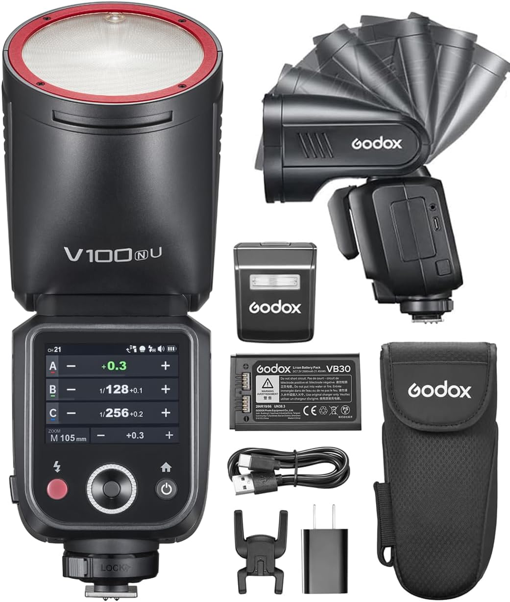Godox V100 N V100-N Flash for Nikon, 1/8000 HSS 100W 2.4G TTL Flash, OLED Screen Touchscreen Control, Global Shutter Sync, 2980mAh Lithium Battery, 400 Full Power Flashes