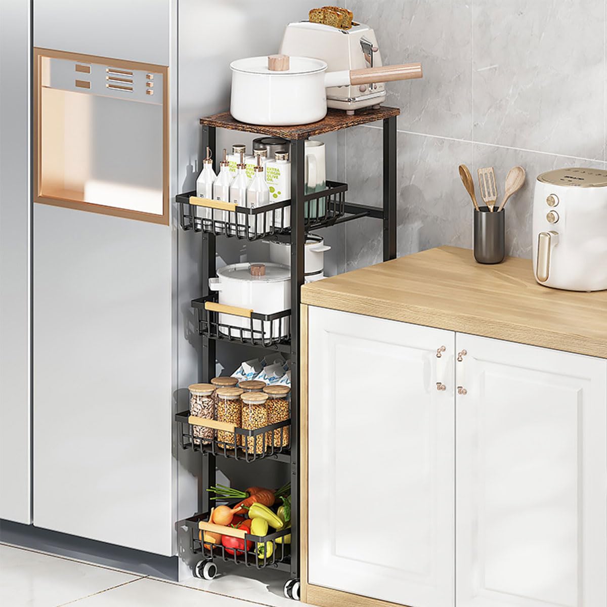 Carrito Auxiliar con Ruedas 5 Niveles – Carro de Cocina o Baño con Cestas Extraíbles, Estantería Metálica Negra, 40x30x107,5 cm, Organizador Multiusos