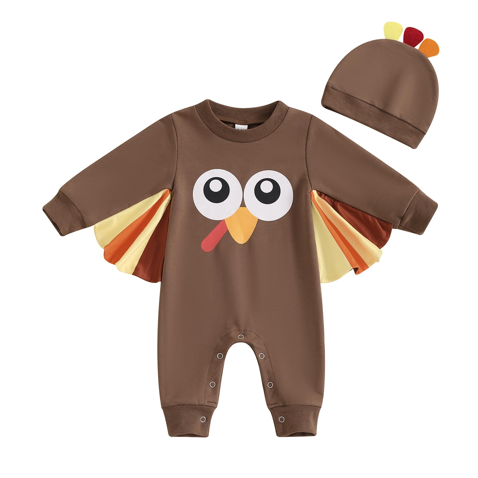 Newborn Baby Boy Girl Thanksgiving Jumpsuit Turkey Print Long Sleeve Bubble Romper Crest Hat Infant 2Pcs Fall Outfits (Coffee, 3-6 Months)