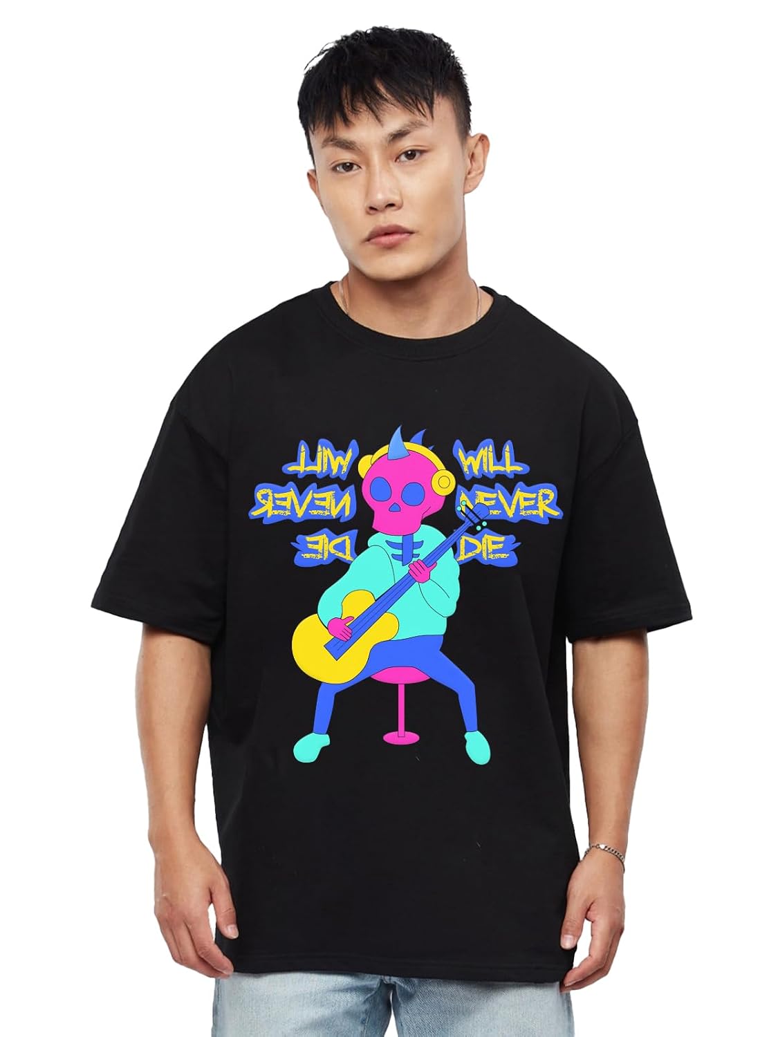Veirdo® Oversized Loose Baggy Fit Drop Shooulder Half Sleeves Pure Cotton Will Never Die Graphic Printed T-Shirt for Men &...