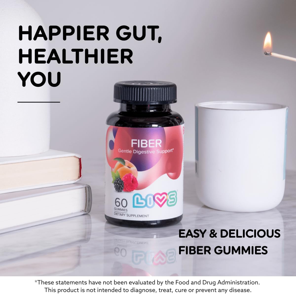 LIVS Fiber Gummies for Adults – Promote Digestive Support & Regularity | Gut Health & Smooth Digestion | Plant-Based Prebiotic | Non-GMO Fiber Supplement for Men & Women | 60 Count with 30 Servings