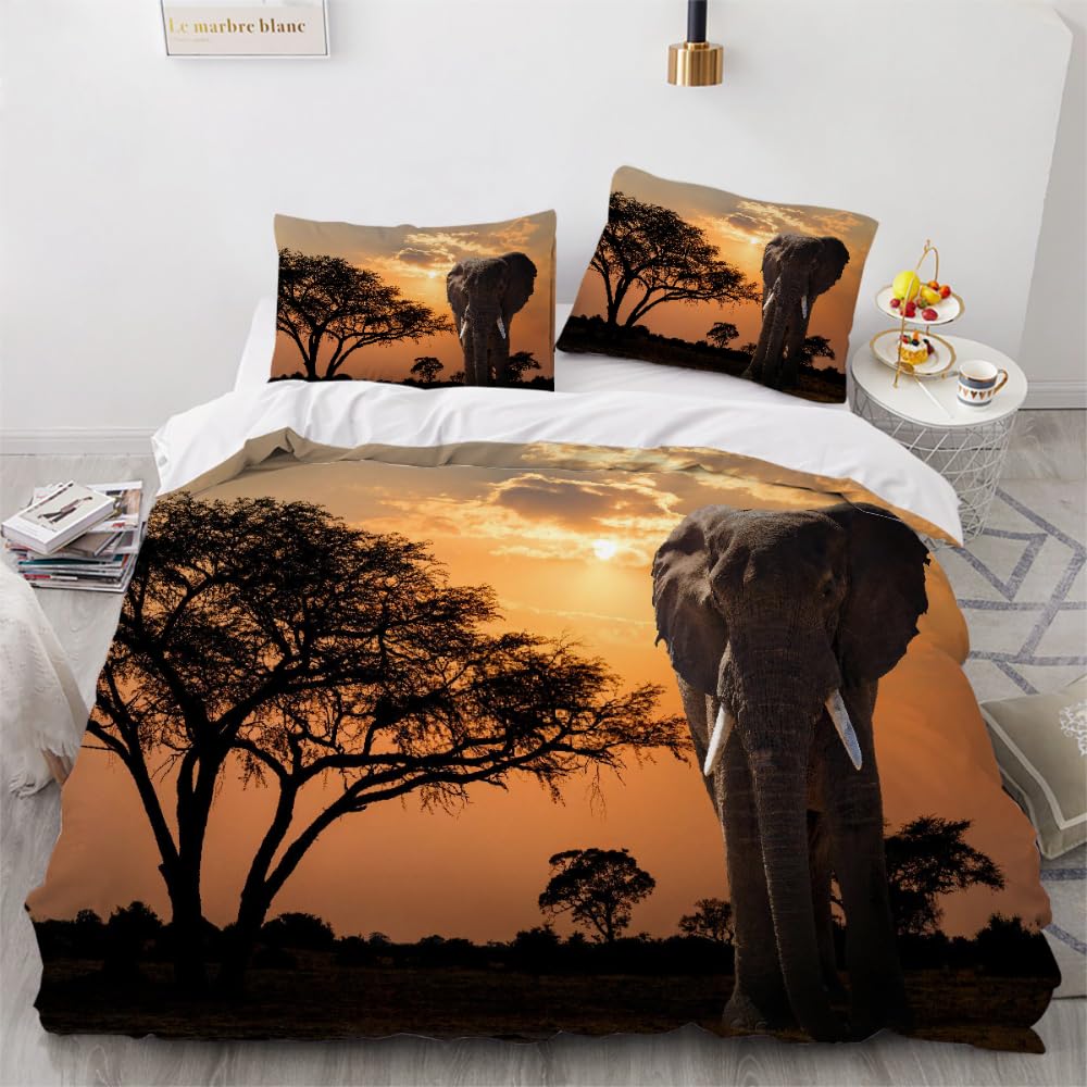Komplet pościeli 220x240 cm dorosły 3D wzór słonia poszwa na kołdrę z mikrofibry 2 osoby z zamkiem błyskawicznym Afryka zwierzęta 3 sztuki z 2 poszewkami na poduszki 50x75