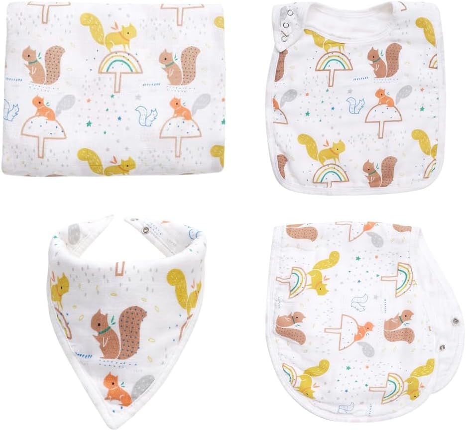 Muslin Swaddle Blanket Set for Baby – 4-Piece Newborn Essentials with Swaddle, Burp Cloth & Bibs, Soft Breathable Receiving Blanket, Squirrel