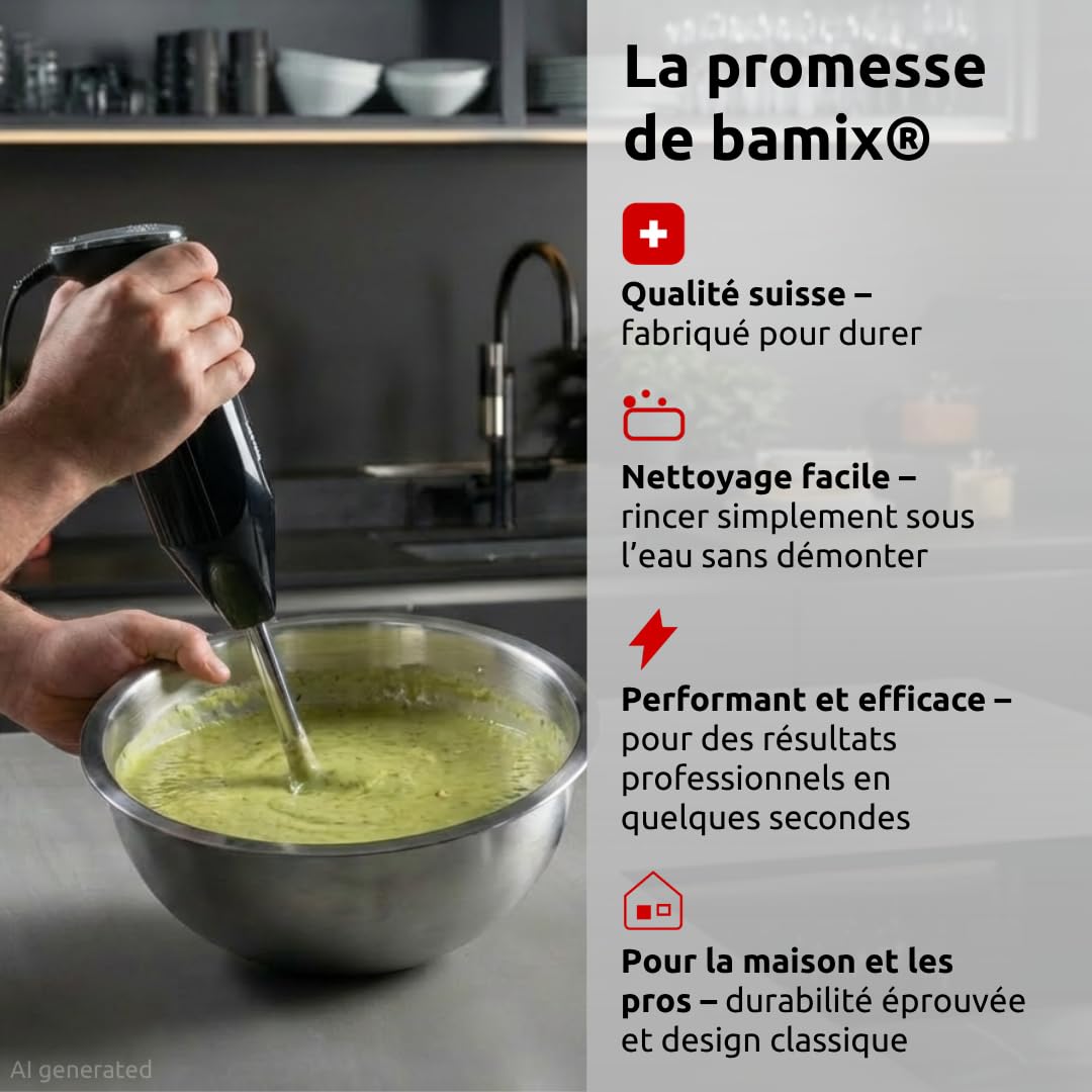 bamix Set avec mixeur plongeant M250 PRIME avec couteau étoile, disque fouet et disque mélangeur en inox, 250 W, 2 vitesses, Fabriqué en Suisse, Noir/Chromé