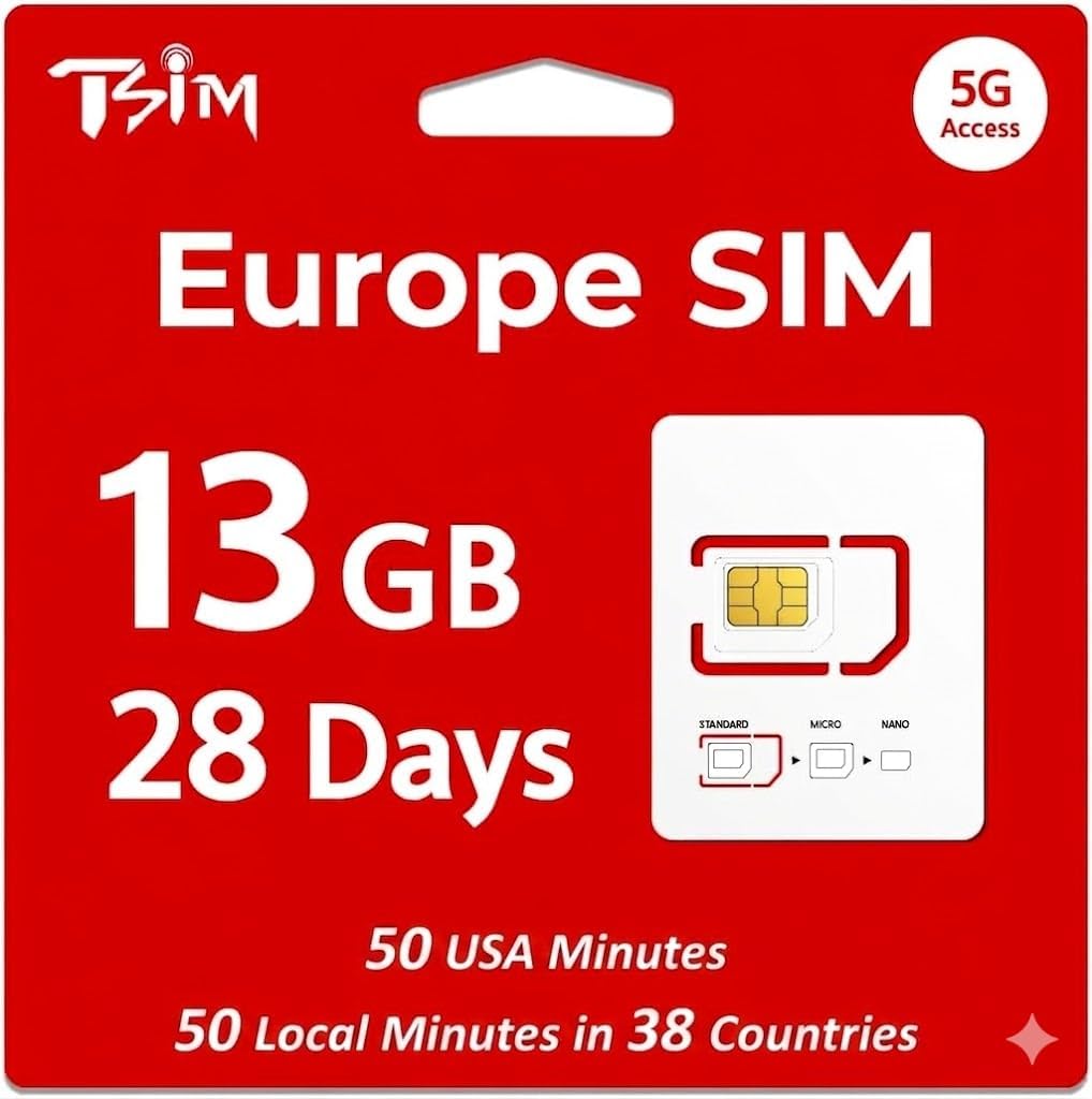 TSIM Europe SIM Card | 13GB Data + 50 Local Minutes + 50 USA Minutes | 28 Day Validity | Know Your Number Before You Travel | Hotspot/Tethering Supported