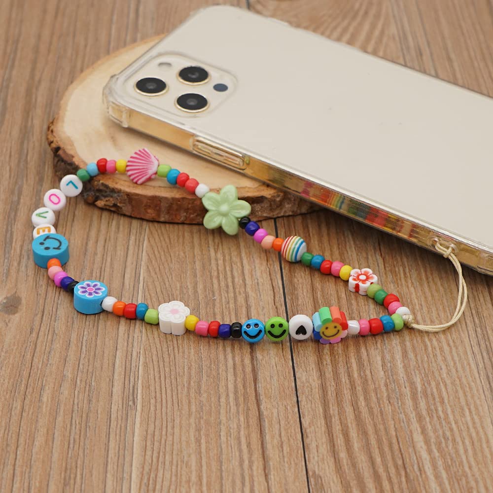 UOCAI Catena Telefono 120cm in Perline Di Legno Multicolore Collana Artigianale Con Patch Universale Accessorio Boho Donna per Cellulare, Cordino Lanyard Colorato Regalo Elegante