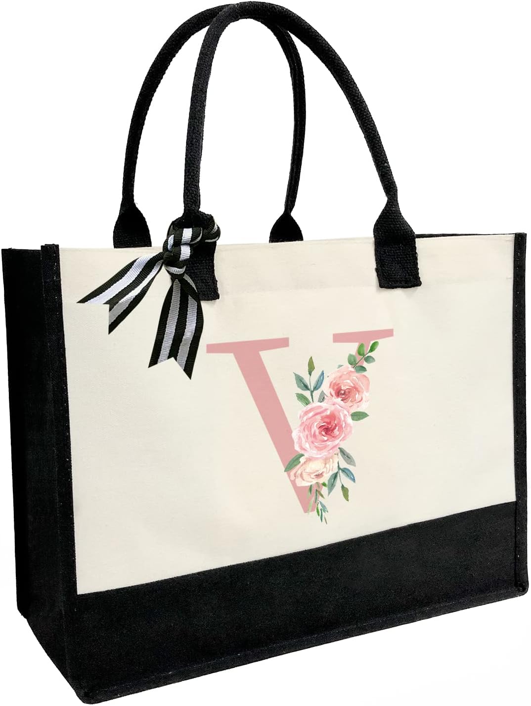 Personalized Initial Canvas Beach Bag, Canvas Tote Bag with Inner Zipper Pocket, Double Shoulder Straps Monogrammed Jute Bag for Daily Work Travel