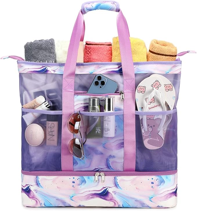 Mesh Beach Bag for Women Waterproof Sandproof Beach Bag with Zipper Beach Tote Bag with Cooler Swim Pool Bag Large Capacity
