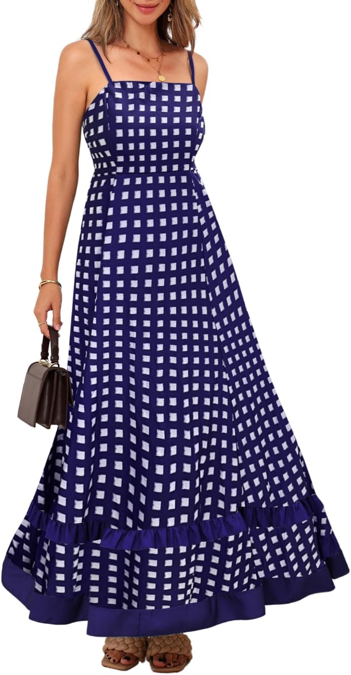 Checkered-Print Floor-Length Dress, A-Line Ruffle Backless, Summer Beach Vacation, Gingham Plaid Smocked Long
