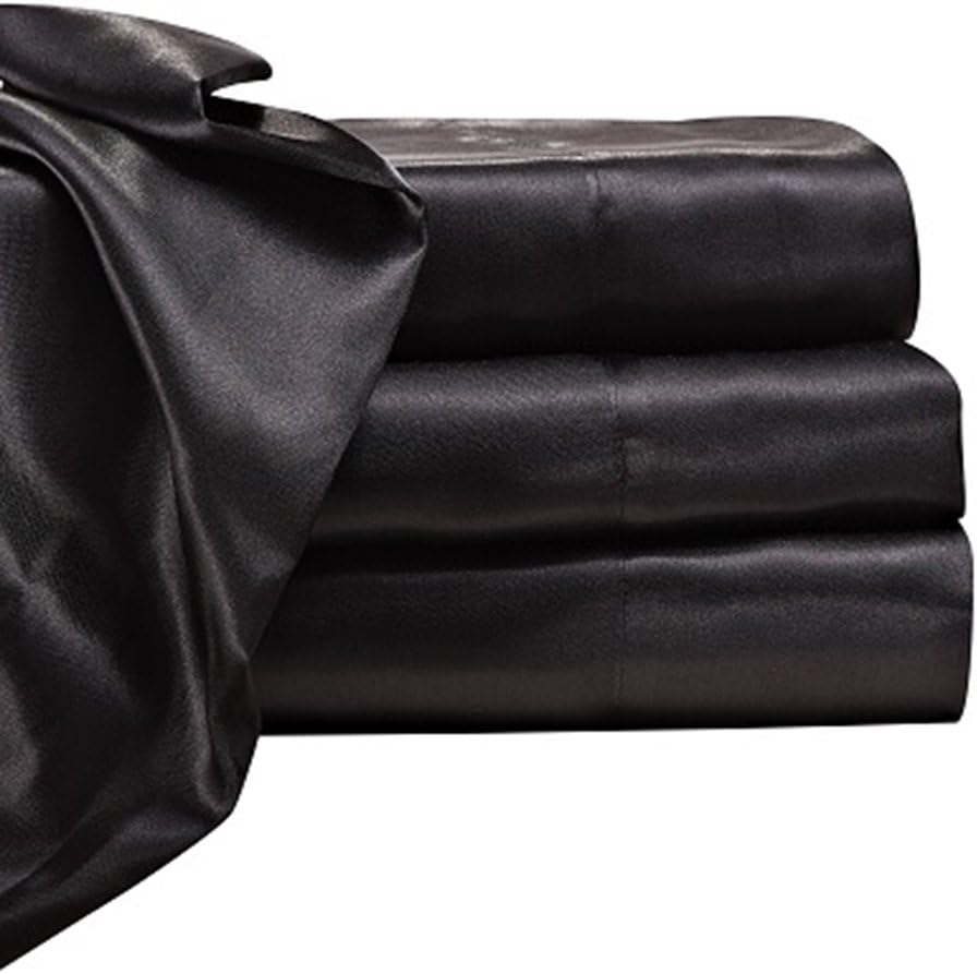 Satin Radiance Soft Satin Silk Sheets Solid Color Deep Pocket Twin XL Size Satin Bed Sheet Set Cooling And Soft Fitted Satin Bedding + Satin Pillowcase(s) Durable, Breathable, Black, 3-piece