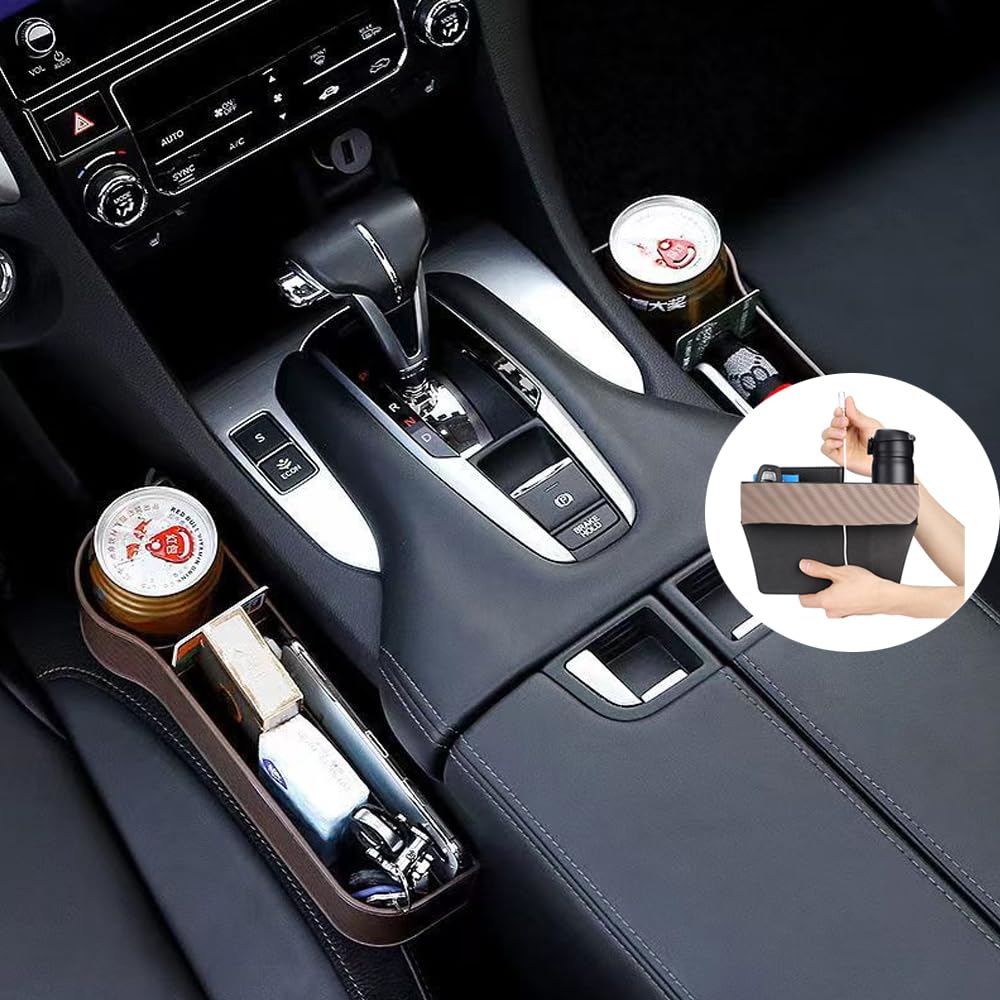 Vano Portaoggetti per Auto, 2 Pezzi Scatola Portaoggetti per Seggiolino Auto,Car Seat Gap Storage Organizer,Tasche a Fessura Della Fessura del Sedile,per lo Stoccaggio di Guida in Auto(Marrone)