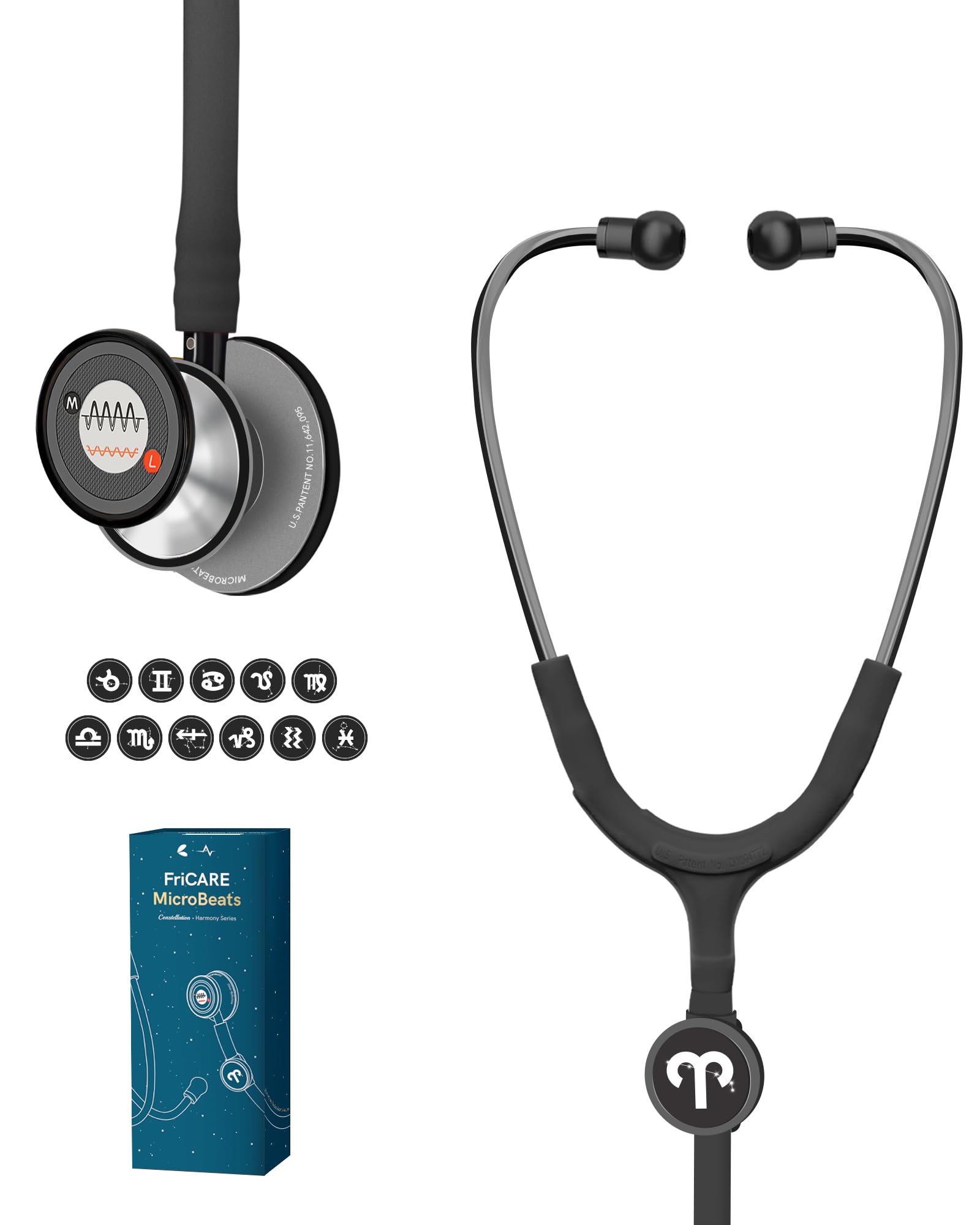 FriCARE Tunable Stethoscope - Dual Head Estetoscopio for Nurses, Doctors, Paramedics, Students, Smooth Black Tube, Matte Silver Grey Finish Chestpiece
