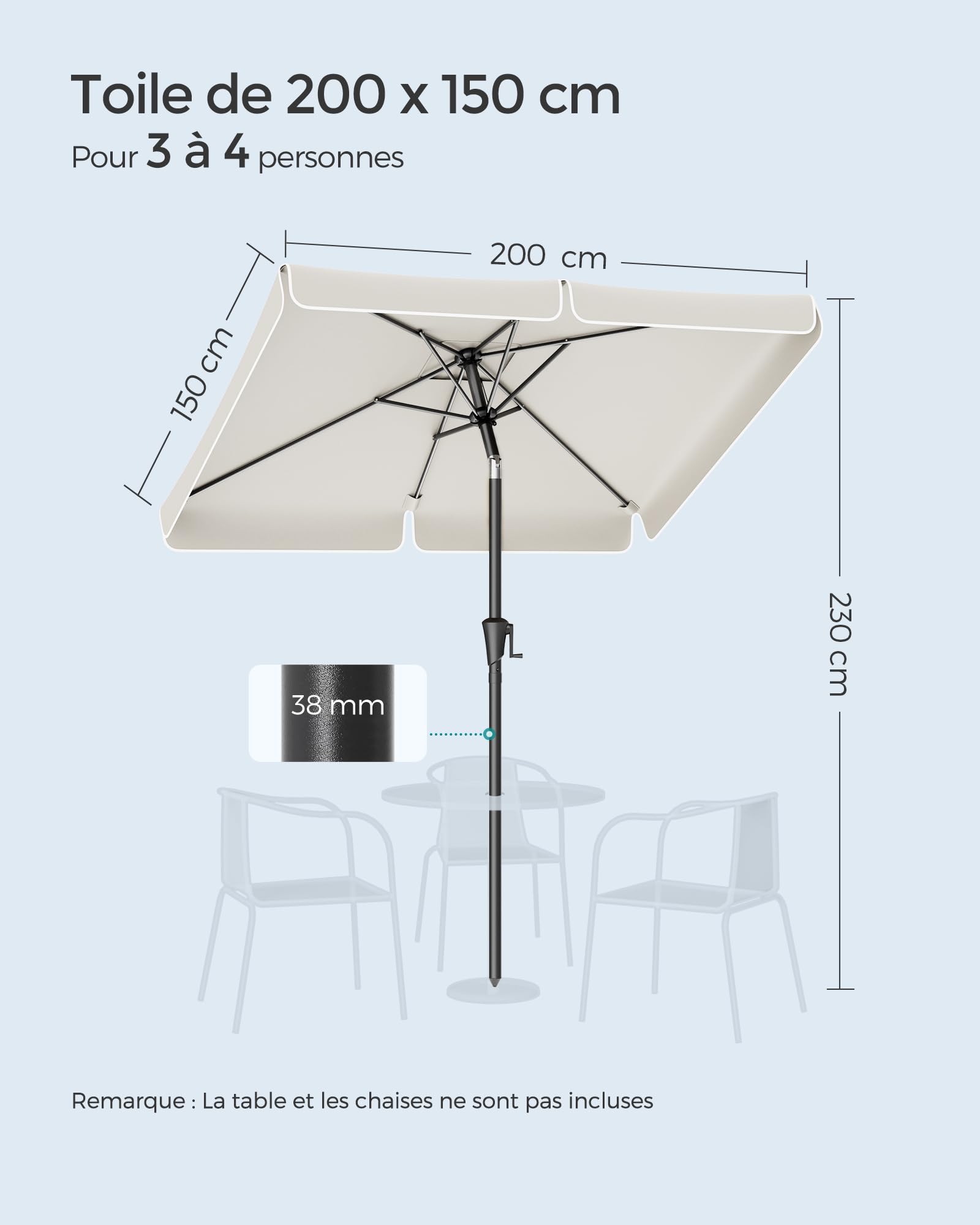 SONGMICS Parasol rectangulaire 200 x 150 cm, protection solaire UPF 50+, pliable des deux côtés à 30°, pour jardin, terrasse, sans pied