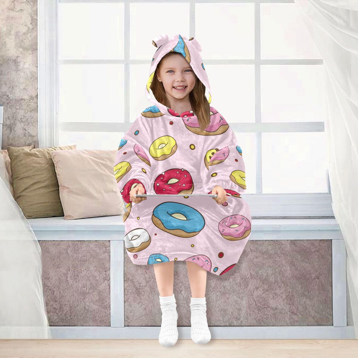 Kolorowe pączki dziecięcy koc do noszenia bluza z kapturem oversize bluza koc sweter różowy dla chłopców i dziewcząt w wieku 3-14 lat