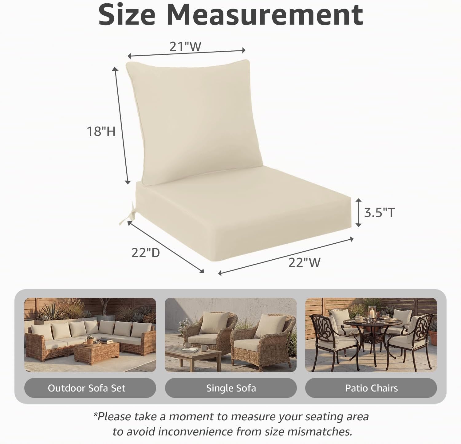 PatioGlow Outdoor Seat Cushion Set, 22" x 22" x 3.5", Set of 2, Water-Resistant & Fadeness Patio Furniture Cushions with Removable Cover & Ties, Thick Deep Seating Pads for Outside Sofa Couch, Khaki