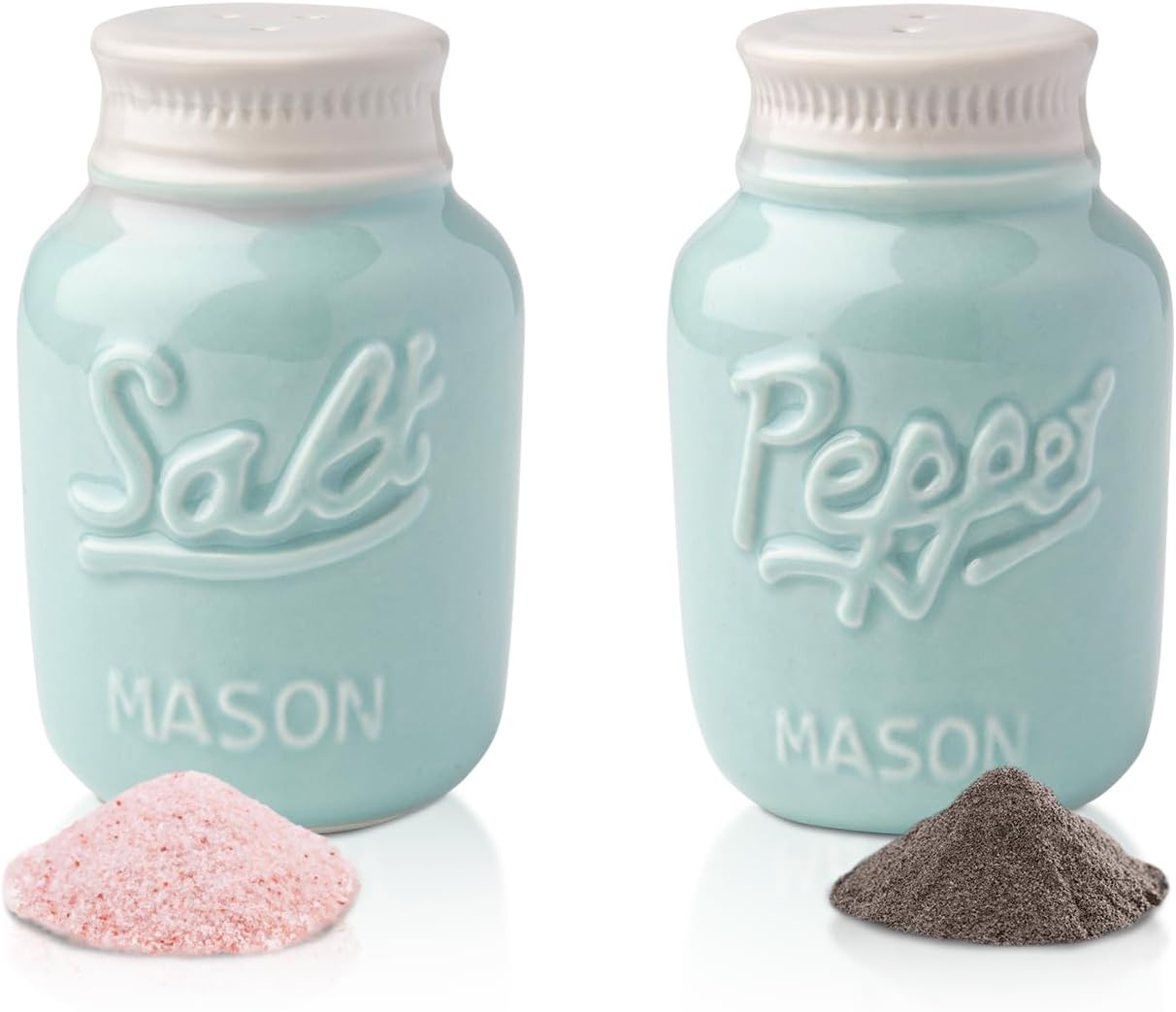Comfify Vintage Mason Jar Salt & Pepper Shakers by - Adorable Decorative Mason Jar Décor for Vintage, Rustic, Shabby Chic - Sturdy Ceramic in Aqua Blue - 3.5 oz. Cap.