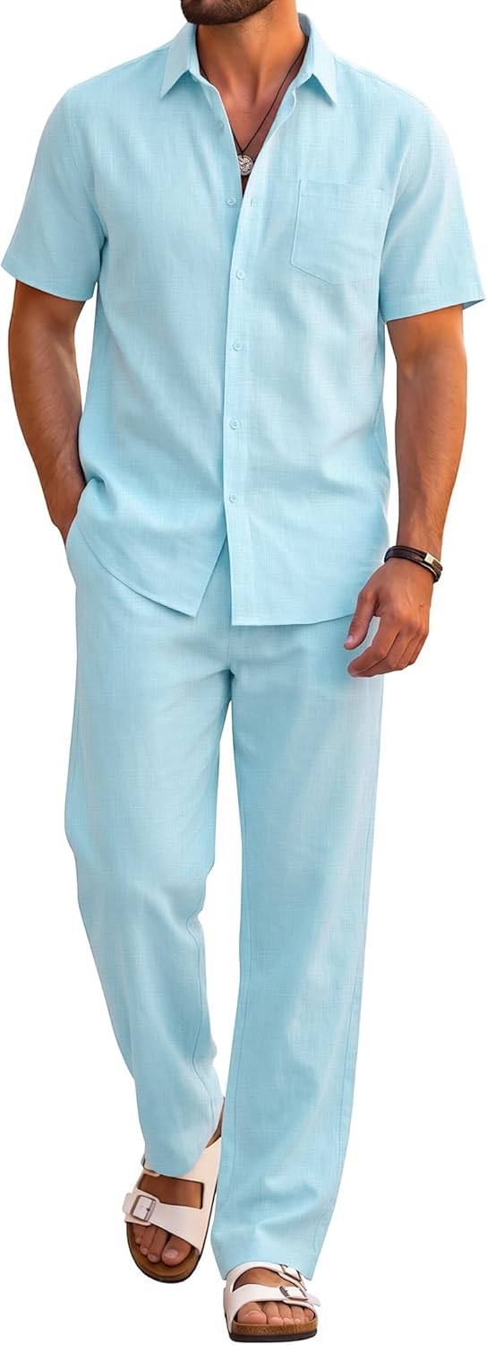 COOFANDY Men's 2 Piece Sets Beach Outfits Cotton Short Sleeve Button Down Shirts Loose Pants Summer Vacation Casual Outfits