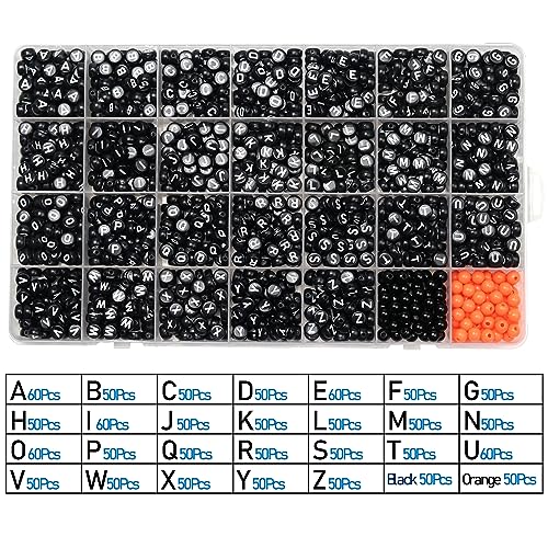 Image of Melius Acrylic Letter Beads, Black & Orange, 4x7mm Round, 1450 Pcs | 4x7mm, Alphabetical Flat Round Beads, 28 Grid Box, for Jewelry Making, DIY Friendship Bracelets, Necklaces, Key Chains
