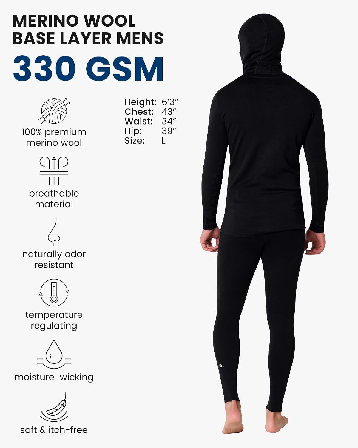 100% Merino Wool Base Layer Men Set - Thermal Long Underwear with Balaclava