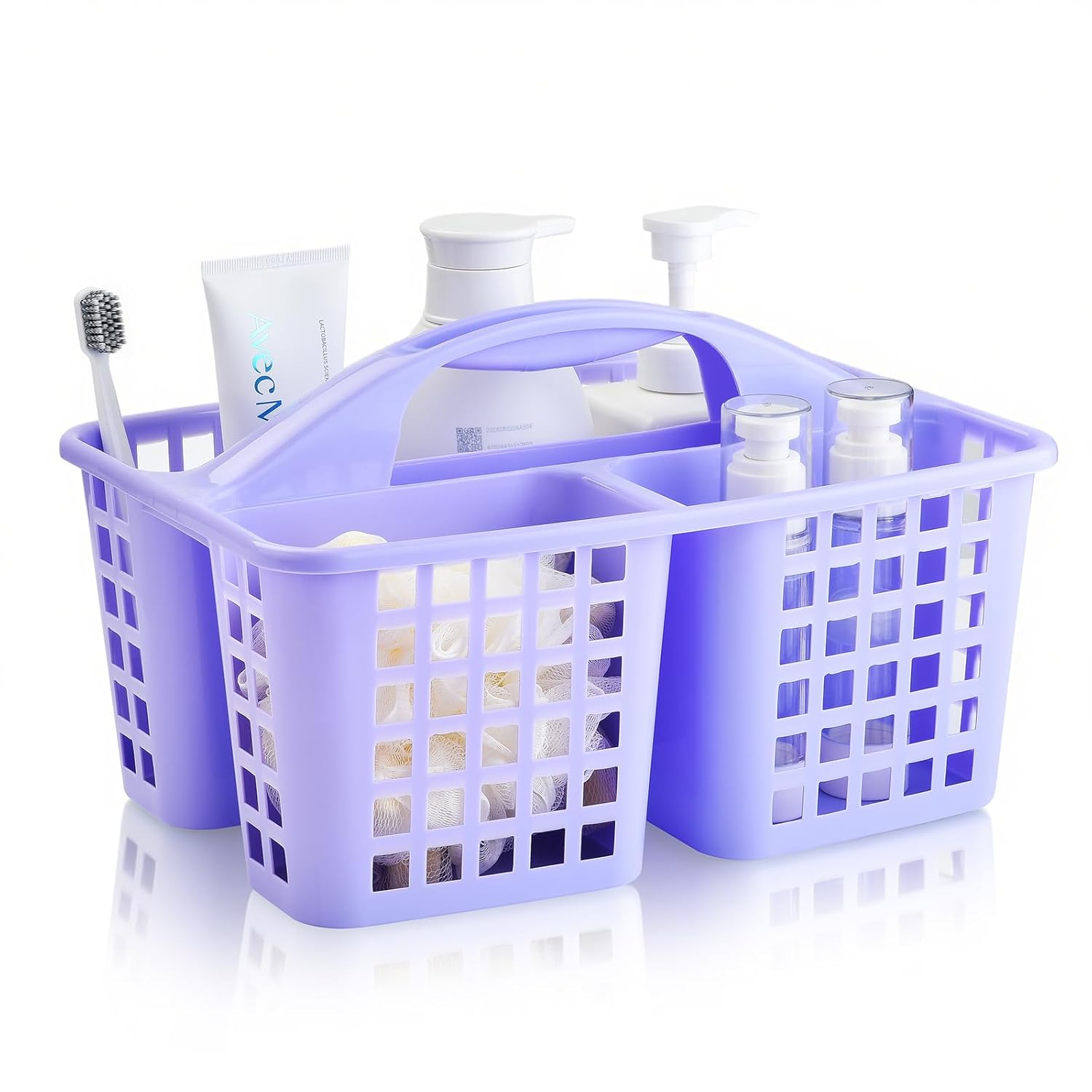 Haundry Plastic Shower Caddy Basket with 3 Compartments Portable Divided Cleaning Supply Storage Organizer with Handle Purple