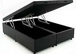 Cama Box Baú Queen Bipartido 79, Blindado, Pistão á Gás, Pés de Madeira (Corino, Preto)
