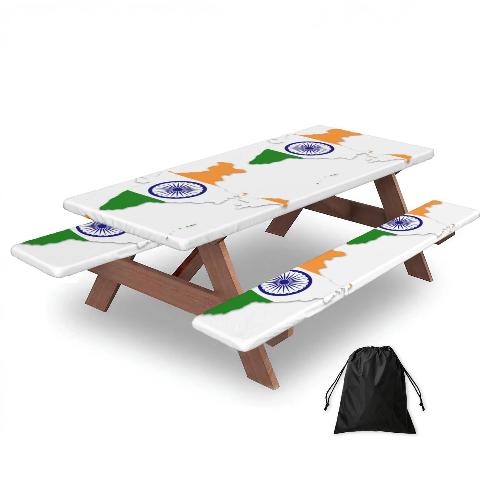 Zyjhyy Black Flag Map Of India Print Party Table Covers With Bench Covers Set Of 3 Picnic Table Cloth Wipe Clean For Garden Camping