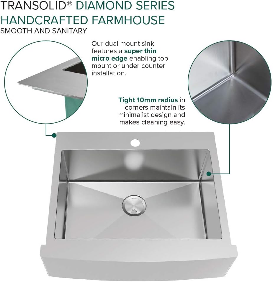 Transolid KKM-DTSSF302510-F2 Diamond 29.8-in L x 25-in W Super Single Bowl Farmhouse Apron Front Kitchen Sink and Accessories Kit with 2 Pre-Drilled Holes in Stainless Steel
