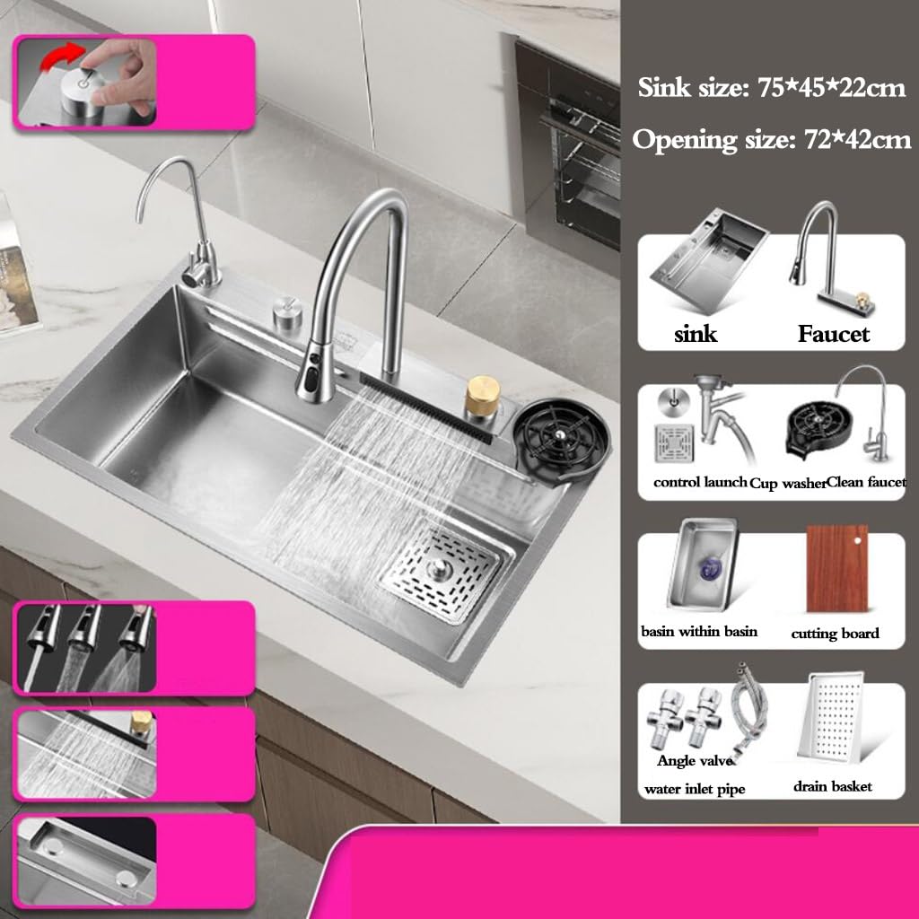 Lavello a sifone in acciaio inox color argento con rubinetto, rondella e cestello di scarico, lavello da cucina, piano di lavoro per lavastoviglie integrato, piscina fognaria controllata