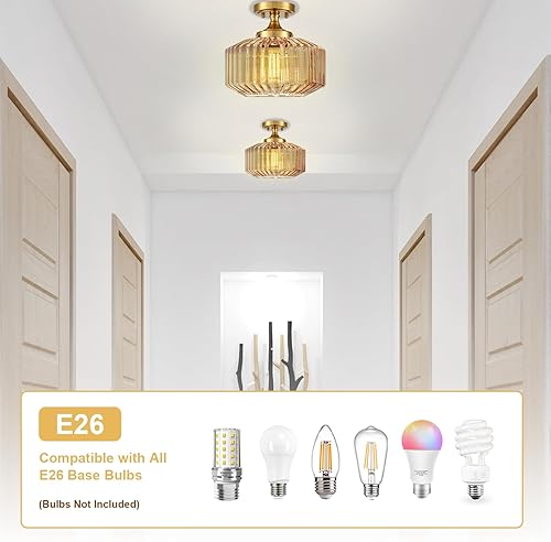 Miniatura 5 de Lámpara de montaje empotrado de 11.02 pulgadas, 1 lámpara de techo con pantalla de vidrio soplado a mano a rayas ámbar, base E26 para cocina,