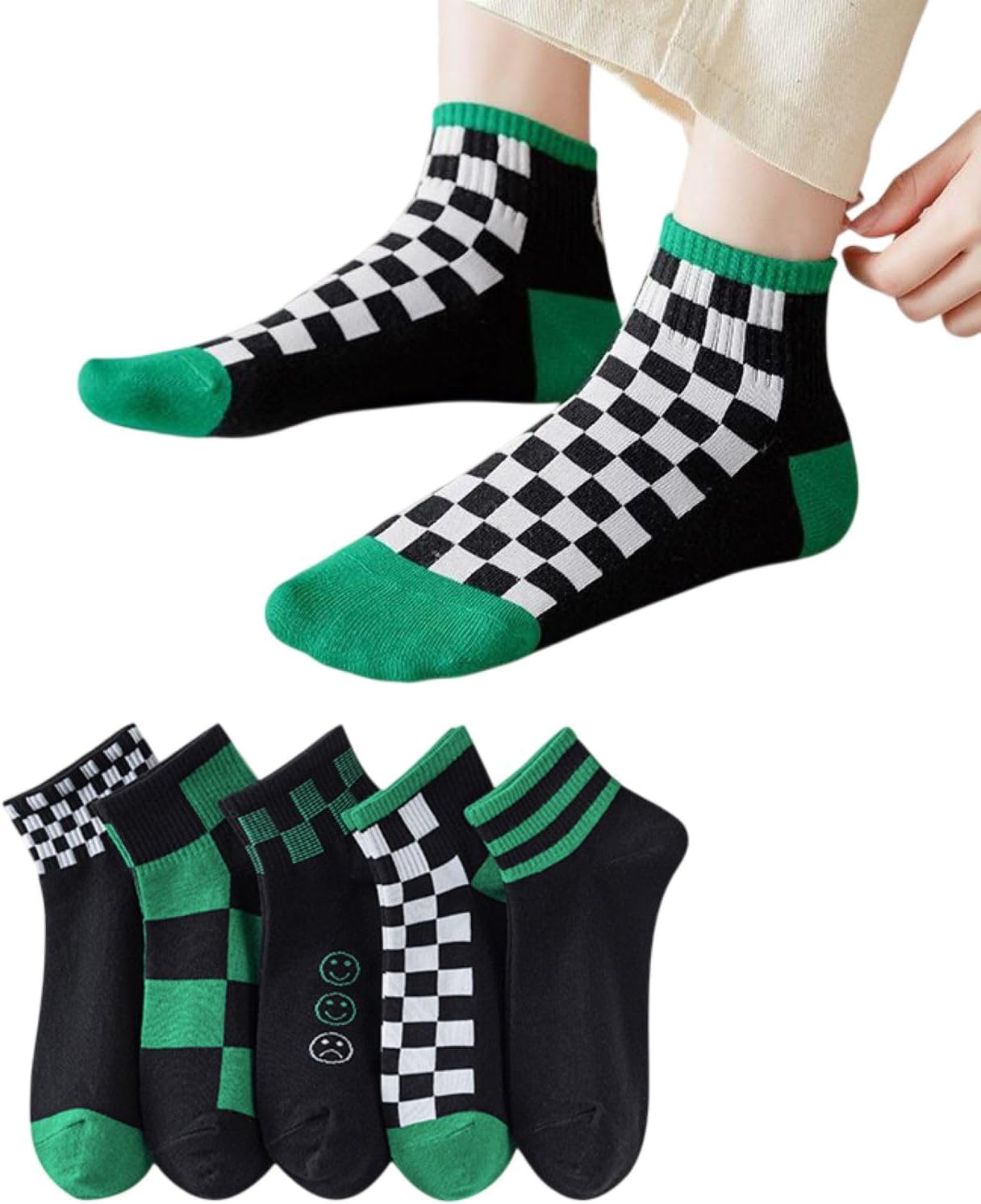 Women’s Checkered Ankle Socks, Pack of 5 (Multicolor)