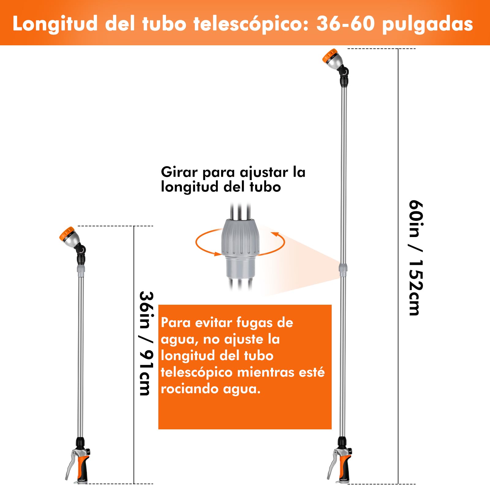 RESTMO Lanza de Riego Telescópica 92-152 cm de Metal, Largo Pistola de Riego para Jardín con Cabeza Giratoria 180°, 7 Modos de Pulverización Ajustable, para Macetas Colgantes y Arbustos, Naranja