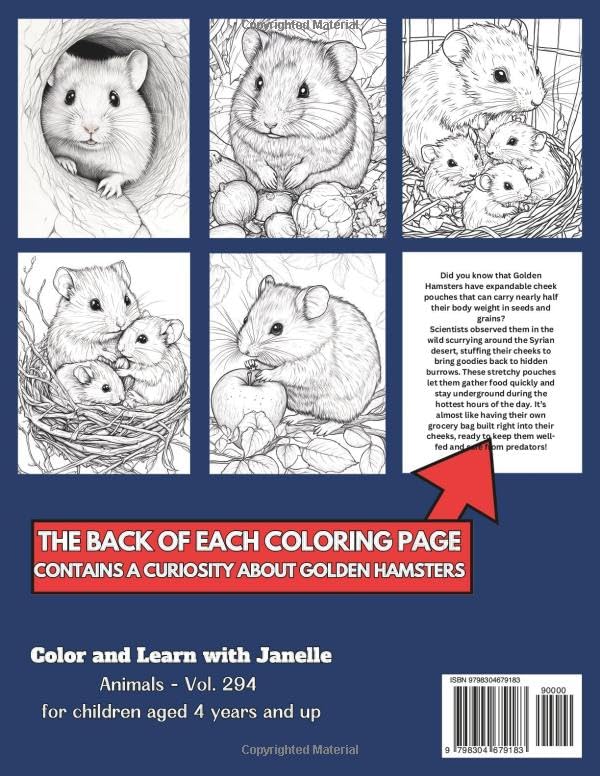 50 Golden Hamsters Coloring Pages Book for Kids and Adults: +50 Amazing Facts about Golden Hamster. Coloring Book for Children and Grown-Ups. Color and Learn with Janelle - Animals - Vol. 294 image 3