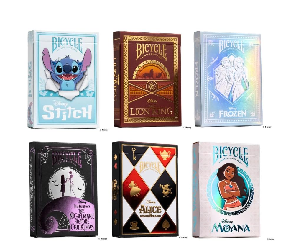 Image of Bicycle 2024 Disney Classic 6 Playing Card Deck Collectible Bundle - Lion King, Alice in Wonderland, Moana, Stitch, Nightmare Before Christmas, Frozen