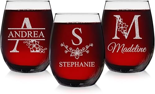 Monograma floral personalizado con inicial con nombre grabado, copa de vino sin tallo, regalo personalizado (personalizado, 1 unidad)