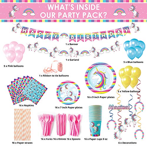 whoobli Unicorn Birthday Party Supplies (Serves 16), Unicorn Party Supplies Plate, Cups, Spoons, Fork, Napkins. Unicorn Birthday Decorations For Girls