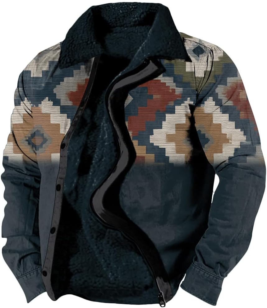 Mens Cowboy Lapel Jackets Winter Warm Sherpa Zipper Western Aztec Jacket for Men Ethnic Vintage Fleece Outwear Coats