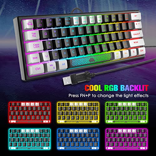 Mini 60% Teclado para Juegos, Mechanical Feel USB Cable Teclado Gaming, RGB Chroma Rainbow Retroiluminado, Compacto 62 Teclas de Colores Mezclados en Negro y Blanco, QWERTY Layout para PC Mac Laptop - imagen 4