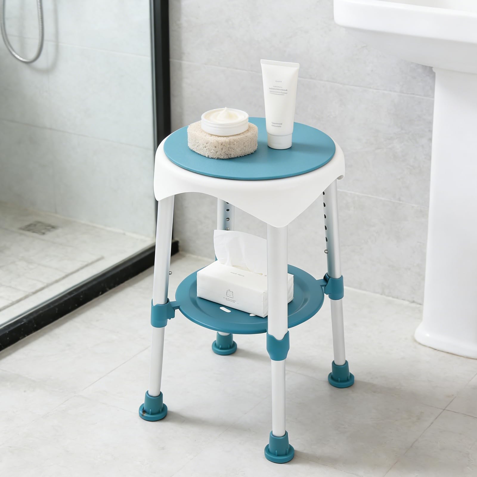 Taburete giratorio para ducha con altura ajustable, silla de baño para personas mayores, taburete de baño de aluminio con asiento antideslizante para mujeres embarazadas y capacidad de carga limitada