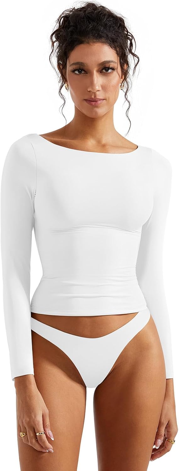 SUUKSESS Women Crew Neck Long Sleeve T Shirts Double Lined Tight Fitted Crop Top - Image 2
