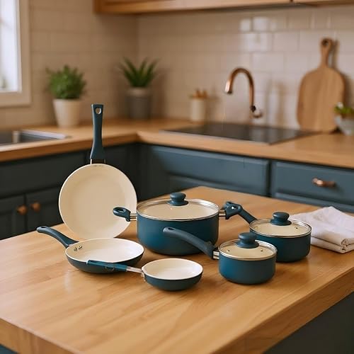 Miniatura 6 de Juego de ollas y sartenes de aluminio antiadherente de cerámica de 12 piezas, revestimiento de cerámica antiadherente, apto para todas las estufas,